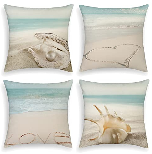 OCEUMACO Leinen Kissenbezug 45x45 Strand Muster Kissenhülle 4er Set Quadratisch Sofakissen Dekokissen Bezug für Couch Sofa Sommer Meer Kissen Kissenbezüge Outdoor Deko Zierkissen Couchkissen