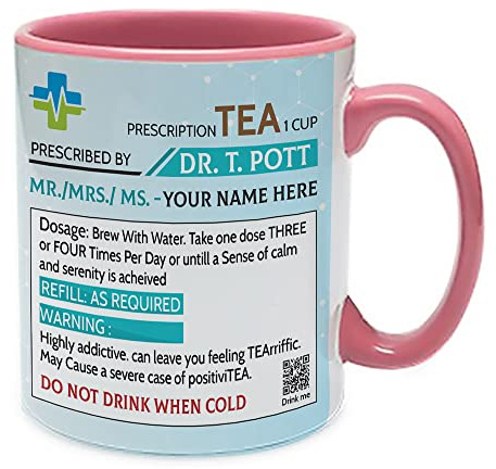 Personalised Name Tea Prescription 11oz Inside Coloured Ceramic Cup Mug. (Pink)