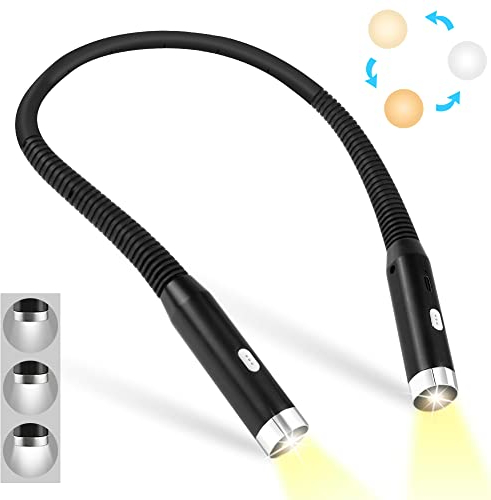 URAQT Hals Leselampe Buch,3 Farben und 3 Dimmen Buchlampe Wiederaufladbar Leselicht Buch mit Biegbare Arme 80 Stunden Dauer Halsrundes Ergonomisches Halslampe für Lesen Campen Laufen