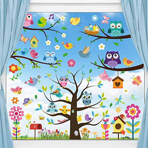 FullJoyHut Eule Fensterbilder Frühling Selbstklebend, Klebefolie Anti-Kollision Aufkleber Fenster Deko Frühling Fenstersticker Blumen Schmetterling Fensterfolie Fensterdeko