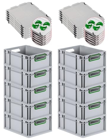 PROREGAL SuperSparSet 10x Eurobox NextGen Color mit Auflagedeckel & Schiebeschnappverschlüsse, HxBxT 17x30x40cm, 16L, Griffe grün offen, Glatter Boden, Eurobehälter Transportbox Transportbehälter