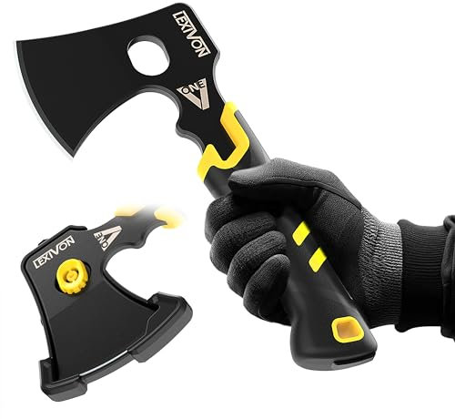 LEXIVON V-One Hache de Survie, Hache légère Pleine Soie de 24,1 cm | Lame de 6 mm en Acier Inoxydable avec Finition Noire électro-Noire, poignée Ergonomique bi-matière | Gaine de Protection Fine