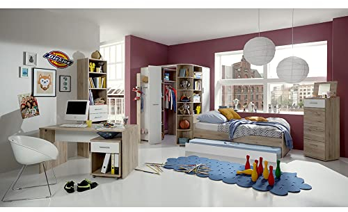 Lomadox Jugendzimmer komplett Set mit Eckkleiderschrank inkl. Beleuchtung, Schreibtisch und Regal in Eiche Nb. mit weiß