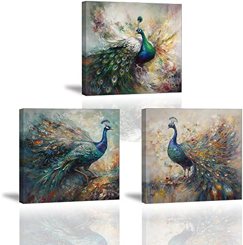 Piy Painting 3er Kunstdrücke auf Leinwand Bunte Pfauen Wandbilder bedeutet viel Glück Tier Wandkunst Bild abstrakt Leinwanddrucke Moderne Gerahmt Gemälde für Schlafzimmer Yoga-Raum Wanddeko 30X30CM