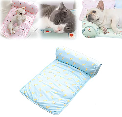 Kühlbett für Katzen/Hunde, Sommer-Haustier-Kühlmatte aus Eisseide mit Kissen, waschbare Kühlmatte aus Eisseide, Kühldecke für Haustiere, kühle Unterlage für Hunde und Katzen (Blue,L (31.5*23.6in))