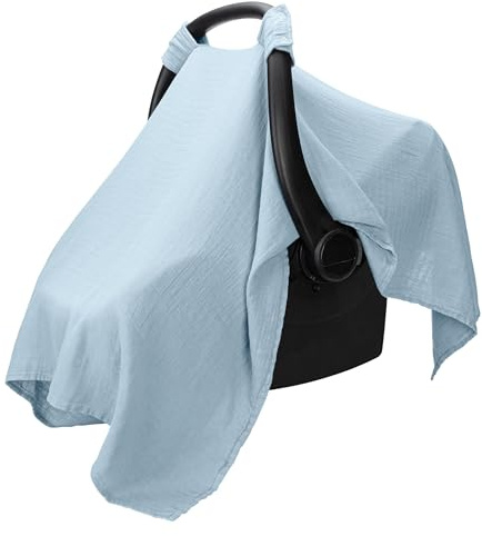 Comfy Cubs Muslin Baby Car Seat Cover - Soft Infant Car Seat Cover Sky Blue | Breathable and Lightweight Muslin Cotton Baby Seat Cover - Designed in the US, Large Canopy for Sun Protection