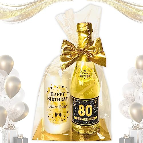 AV Andrea Verlag Hochwertiges Geschenkset - Piccolo 22 Karat Blattgold „80 Happy Birthday“ mit Geburtstagskerze - Secco Sekt mit Stumpenkerze Kerze | Geschenk zum 80. Geburtstag Pfeif auf's Alter