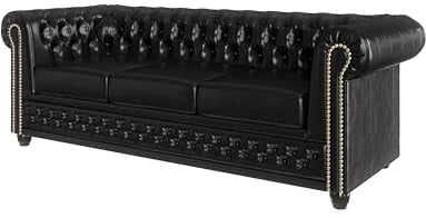 S-Style Möbel George Sofa 3-Sitzer Chesterfield-Sofa Mit Schlaffunktion für Wohnzimmer Lounge Couch Aus Veganem Leder Möbel Freistehende Polster Sofas & Couches Couchgarnitur Schwarz 203 x 86 x 72 cm