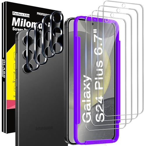 Milomdoi 4 Pack Screen Protector for Samsung Galaxy S24 Plus 6.7 Inch with 4 Pack Tempered Glass Camera Lens Protector, Ultra 9H Accessories, Case Friendly, Mounting Frame, 2.5D Curved, Transparent