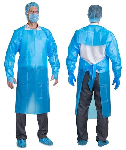 Disposable Blue Gown Disposable Apron with Long Sleeves CPE Non-Sterile Dustproof Disposable Standard Thumb Loop CPE Isolation Gowns (Pack of 100)