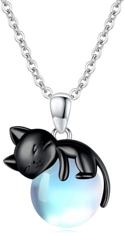 Vadmans Schwarze Katze Kette für Damen 925 Sterling Silber Mondstein Katzen Anhänger Halskette Schmuck Geschenke für Mädchen