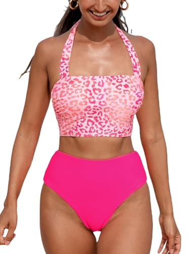 CUPSHE Bikini da donna Set due pezzi costume da bagno quadrato collo Halter cinghie regolabili reversibile a vita alta leopardato, Rosa leopardato., M