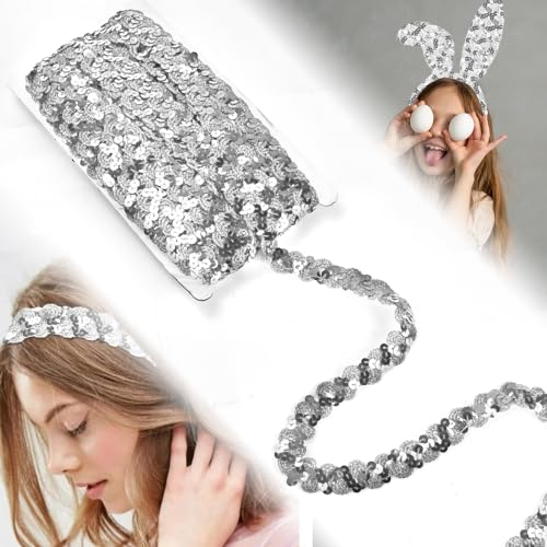LPAMABA Pailletten Borte,1.5cm*18.5m Paillettenband,Silber Paillettenborte Paillettenbänder Polyester Glitzerborte Pailletten Band Pailletten Glitzerband für Kleid DIY Handwerk Bastelprojekte