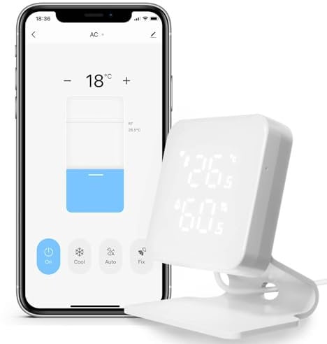 WOOX Controlador Inteligente Universal para Aire Acondicionado y Bomba de Calor, Wi-Fi Termostato Domótico, Termómetro e Higrómetro, Mando a Distancia IR, Compatible con Alexa y Google