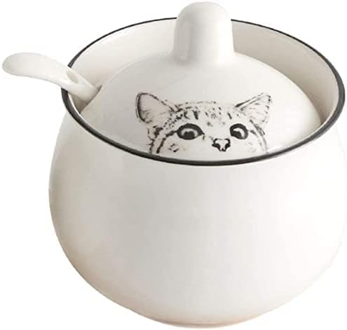 Ceramics Cartoon Cat Sugar Bowl Seasoning Salt Storage with Lid Spoon White-1pcs (B)