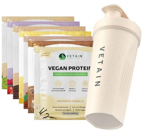 VETAIN Vegan Protein Probierset + GRATIS Shaker - 8 x 30g - 21g Protein pro Portion - Proteinpulver Probierpaket - Ohne Allergene & Sucralose - laborgeprüft & produziert in Deutschland