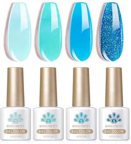 Born Pretty UV Nagellack Milky Jelly Milchig Blau - Gel Nagellack UV Natur Kristall Transparent UV Lack Ocean Blau Serie Maniküre und Nagelkunst DIY zu Hause 4PCS