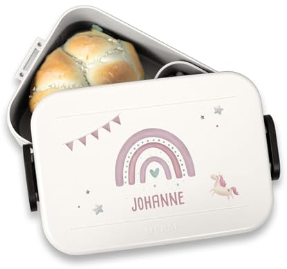 hellomini Mepal Brotdose - Personalisiert - Brotdose Kinder mit Fächern - Snackbox mit Fächern - Lunchbox, Bento Box Geschenk zu Einschulung - Einschulungsgeschenk (Regenbogen rosa, Weiß)