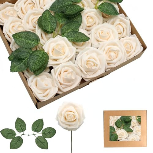 25 rose artificiali in schiuma di champagne, per decorazione, realistiche al tatto, rose finte con steli, per sposa/baby shower, tombe, San Valentino, Natale, decorazioni per matrimoni