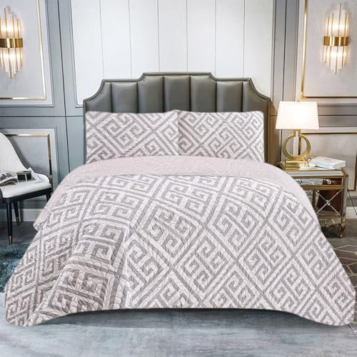 GREATOYAR Colcha para Primavera y Verano, Colcha Ligera Entretiempo, Polyester, Colchas Cubre Cama Fina Suave, Bicolor Reversible Liso, Colcha 220x260cm con 2 Fundas de Cojines 50x70cm, Griega Lila
