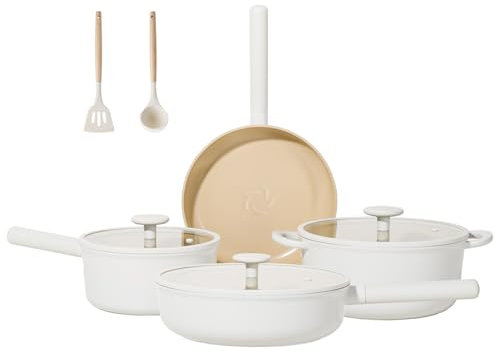 JEETEE Juego de utensilios de cocina de cerámica, juego de 13 ollas y sartenes antiadherentes con asas extraíbles giratorias, juego de cocina saludable no tóxico para todas las estufas, ollas