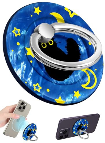 LISEVO Phone Ring Holder Compatible with MagSafe - Magnetic Phone Grip for Women Cute Removable Finger Ring Grip Stand Adjustable Accessories for iPhone 16 15 14 13 Pro Max Plus, Black Cat