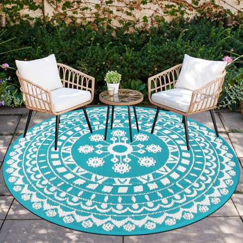 Capslpad Round Outdoor Patio Rug Diameter 180 cm Reversible Picnic Mat Waterproof Plastic Straw Rug Boho Indoor Outdoor Rug for Motorhome Backyard Balcony Picnic Beach Teal