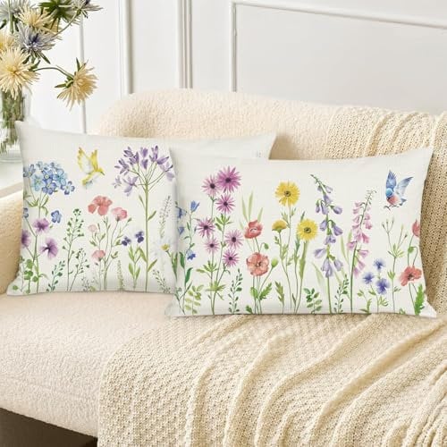 Bonhause 2er Set Kissenbezüge Blumen Garten 30 x 50 cm Blume Vögel Polyester Leinen Dekorative Kissenhülle Zierkissenbezüge für Sofa Schlafzimmer Zuhause Dekoration