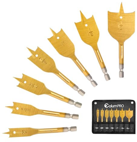 ColumPRO 7PCS Titanium Coating Wood Drill Bit Set, Stubby Spade Drill Bit Set for Woodworking with Storage Pouch