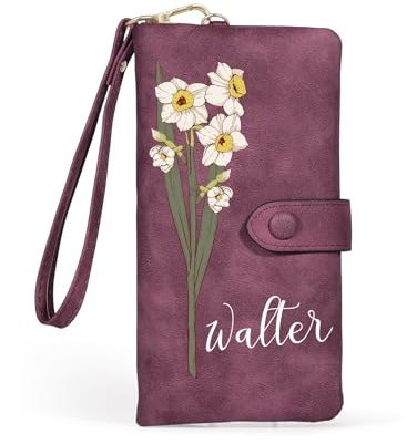 kaululu Portafoglio Personalizzato da Donna con Fiore di Nascita e Nome Inciso Portafoglio Lungo in Pelle PU con Tasca Portamonete per Mamma Fidanzata Moglie Regali di Natale (B-Viola)