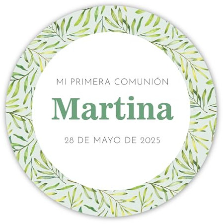 Pegatinas Personalizadas Comunion | Etiquetas Personalizadas con Foto Comunion en Papel Laminado Redondas - Detalles para Invitados de Primera Comunion Niños y Niñas - ONEPERSONAL (Floral - Verde)