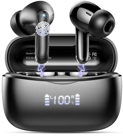 WeurGhy Cuffie Bluetooth, Auricolari Bluetooth 5.3 per iOS & Android, 56 Ore di Riproduzione, Stereo Hi-Fi Cuffie Antirumore con 4 HD Mics, LED Display IP7 Impermeabili Cuffie Wireless,Nero,2025