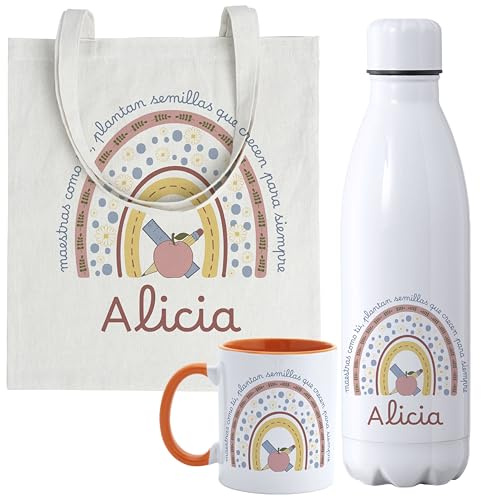 Regalos de Fin de Curso para Profesores, Tote Bag y Botella Térmica Profesora + Opción de Añadir Taza Personalizada | Regalos Profesores Personalizados, Regalo para Maestra de Infantil (Arco Iris)