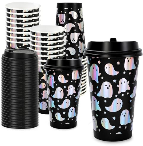 Whaline 50 Set Halloween Disposable Coffee Cups with Lids Silver Laser Ghost Paper Cups Black Iridescent Drinking Cup for Halloween Little Boo Party Supplies