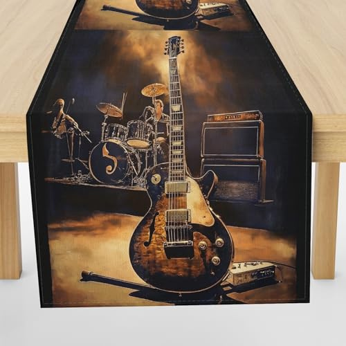 Gitarre Schlagzeug Tischläufer Geburtstag deko, Rockmusik Musikinstrumente Tischdeko Outdoor Sommer Deko für Einschulung Deko Couchtisch Küche Esstischv Dekoration für Zuhause 40 x 180 cm