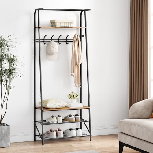 Coat Rack Stand, 3-in-1 Freestanding Hall Tree with Shoe Storage Bench & Single Row Hooks, 60cm Industrial Metal Frame Entryway Storage Shelf for Living Room Bedroom Hallway Entryway Apartment