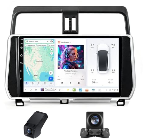 Carplay Android Radio Coche 2 DIN para Toyota Land Cruiser Prado 150 2018-2020 con 9 Pulgadas Pantalla, Autorradio Bluetooth con ADAS DVR/FM Navegación GPS+Cámara de Visión Trasera(X2)
