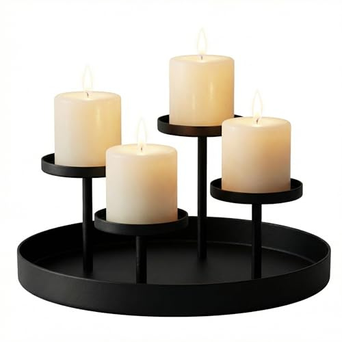 Olrla Plateau Rond avec 4 Supports Bougeoirs en Métal Noir - 20 x 20 x 9 cm - pour Mariage, Anniversaire, Fête, Décoration de Table de Pâques, Couronne de l'Avent