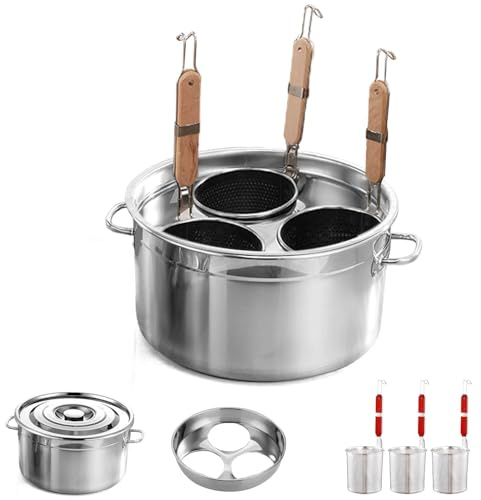 Kurflo Kommerzieller Nudeltopf, Edelstahl, für Ramen, Udon, Spaghetti & Fondue, geeignet für Gasherd & Induktion, inkl. Abtropfsieb und Aufhängehaken (mit 3 Siebeinsätzen)