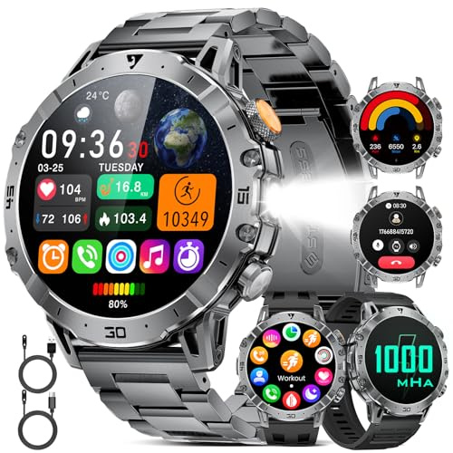HIRREO Reloj Inteligente Hombre 1,85'' Pantalla HD, Linterna LED, Batería 1000mAh, 100+ Modos Deporte, IP68 Impermeable, Monitor Ritmo Cardíaco y Sueño, Smartwatch Android iOS, Negro
