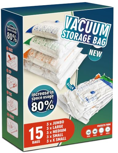 Storage Master Space Saver Bags for Travel and Home Reusable Vacuum Storage Bags Save 80% More Storage Space (15 Combo, No Pump Included)
