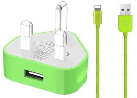 TheMax® USB 2.0 Data Sync Charging Cable 1 meter + 1000mAh USB Charger Plug Compatible with iiPhones 6/7/8/X/XS/XS Max/11/12/12 Pro max/13/13 mini/14/14 plus (1 Meter, Green 2 in1)