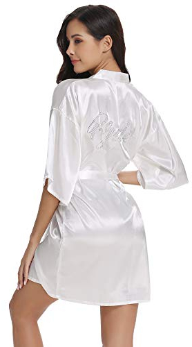 Vlazom Morgenmantel für Hochzeit Satin Kimono Badmantel für Braut&Brautjungfern V-Ausschnitt Damen Robe mit Gürtel(M, Weiß für Braut im Strass