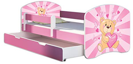 Kinderbett Jugendbett mit einer Schublade und Matratze Rausfallschutz Rosa 70 x 140 80 x 160 80 x 180 ACMA II (10 Teddybär, 70 x 140 cm + Bettkasten)