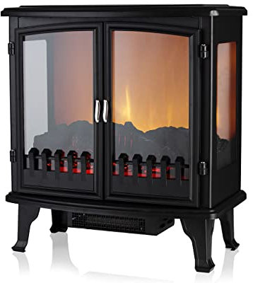 Warmlite WL46027 Carlisle Double Door Panoramic Stove with Two Heat Settings, Adjustable Thermostat and Overheat Protection, 1800W, Black