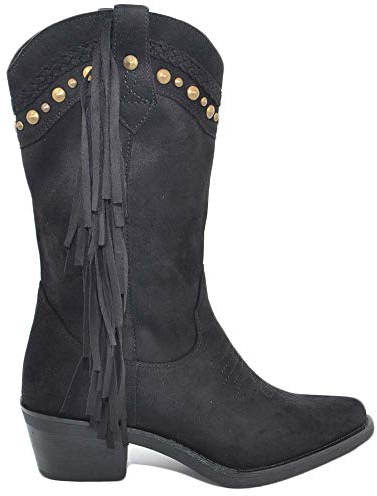 Stivali Donna camperos Texani Neri con Frange e Borchie in camoscio Stile Western a Punta Altezza Polpaccio con Zip (36 EU)