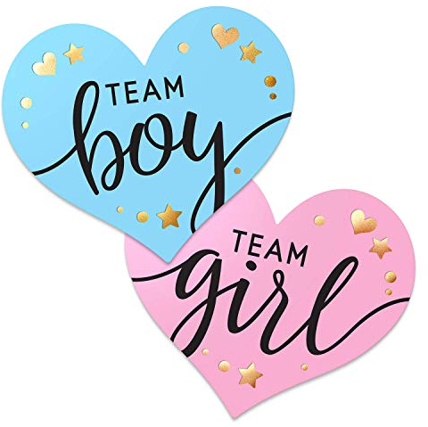 2.25” Gender Reveal Stickers for Party Invitations and Voting Games (80 Count) - Team Boy and Team Girl Labels with Gold Foil for Reveal Parties and Baby Showers | Easy to Peel and Stick (Heart)