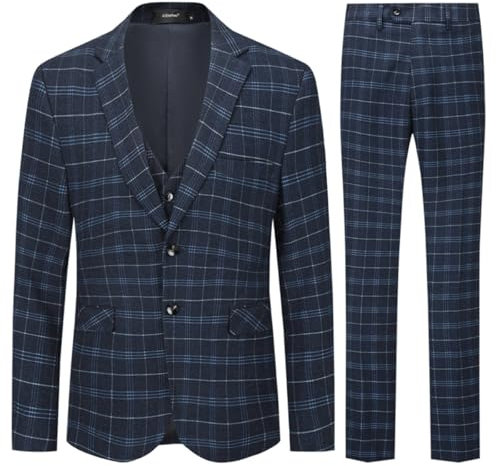 Costume Homme 3 Pièces Tuxedo Slim Fit à Carreaux Deux Boutons d'affaire Mariage Trois Pièces Veste+Gilet+Pantalon,Noir,XL