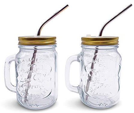 Home Suave Mason Jar Mugs with Handle, Regular Mouth, Colorful Lids with 2 Reusable Stainless Steel Straw, Set of 2 (Gold), Kitchen Glass 16 oz Jars,Refreshing Ice Cold Drink & Dishwasher Safe