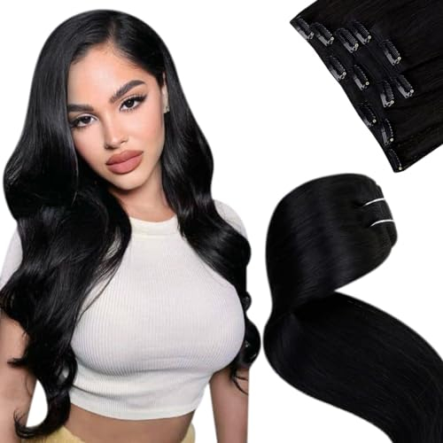 LaaVoo Echthaar Clip Extensions Schwarz Remy Clips in Extensions Echthaar Doppelt Tressen Haarverlängerung Clip Extensions Echthaar Glatt 5PCS 30cm 70g #1